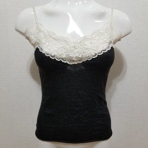 Bongo top Small sleeveless cami crinkle floral lace trim sequin bling Y2K